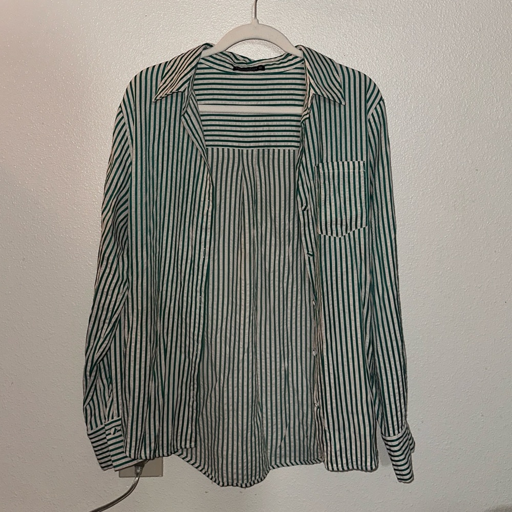 Emerson Lang Green and White Striped Button Down Shirt